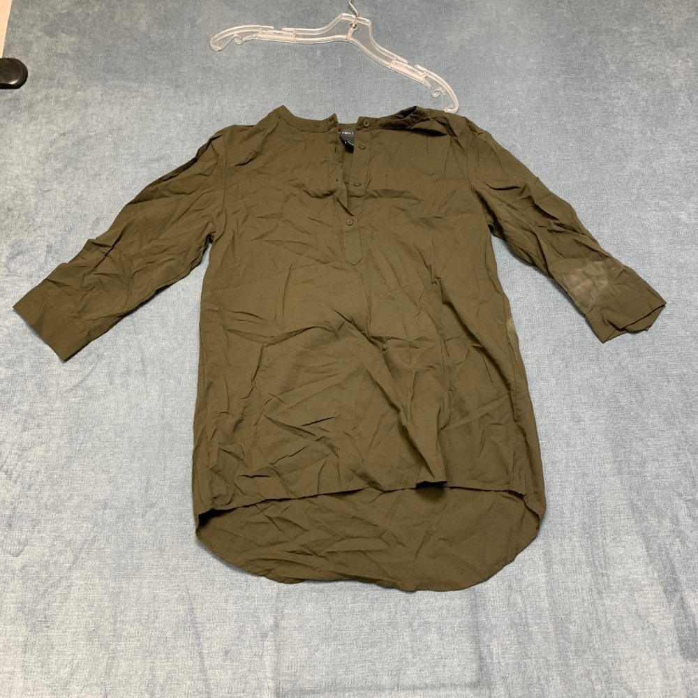 Joan Vass Blouse Top Womens Small Olive Green 3/4 Sleeves Hi Lo Hem Button Front
